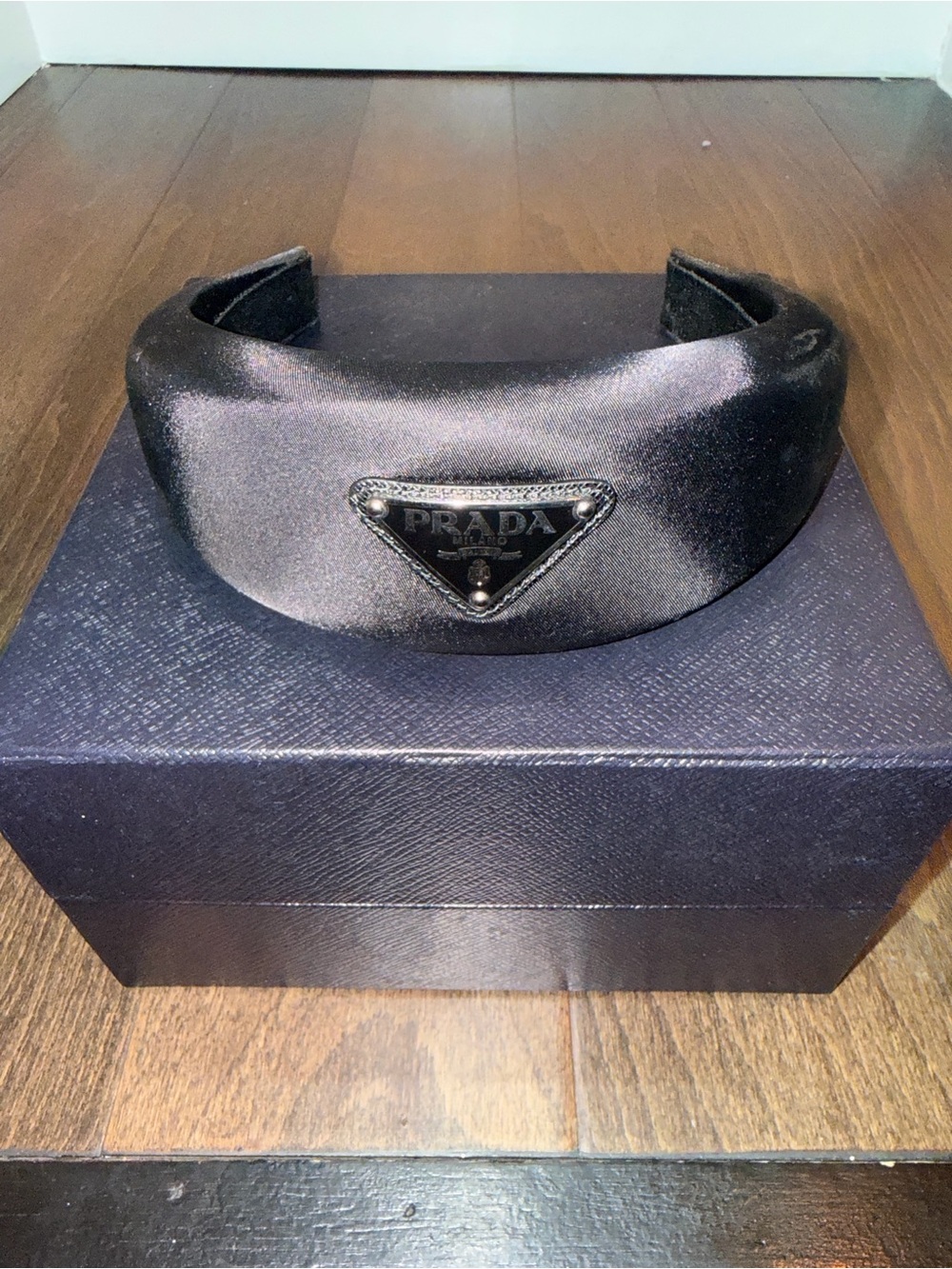Prada Black Satin Padded Headband with Triangle Logo